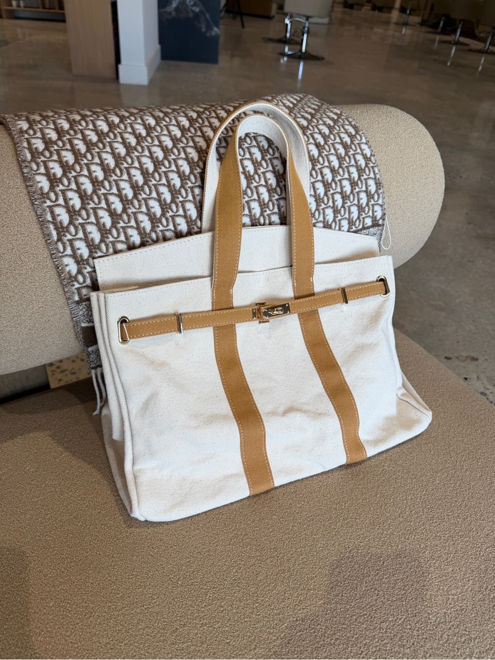Canvas Tote Bag with Tan Leather Trim - Unbranded